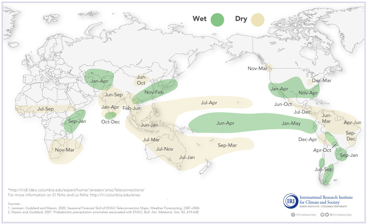 This map of the world shows rainfall patterns in regions from an El Nino patters, relative to La Nina patterns.