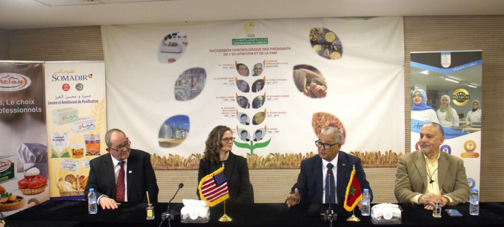 At meetings wat IFIM in Casablanca, USW Regional Technical Director Peter Lloyd (far left) and USW Director of Programs Erica Oakley (second from left) meet with representatives of the Moroccan milling industry.