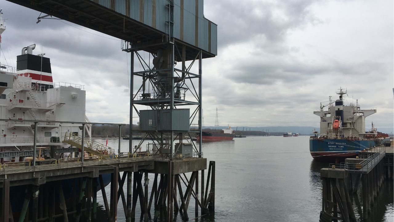 Cargo ships load on Columbia River