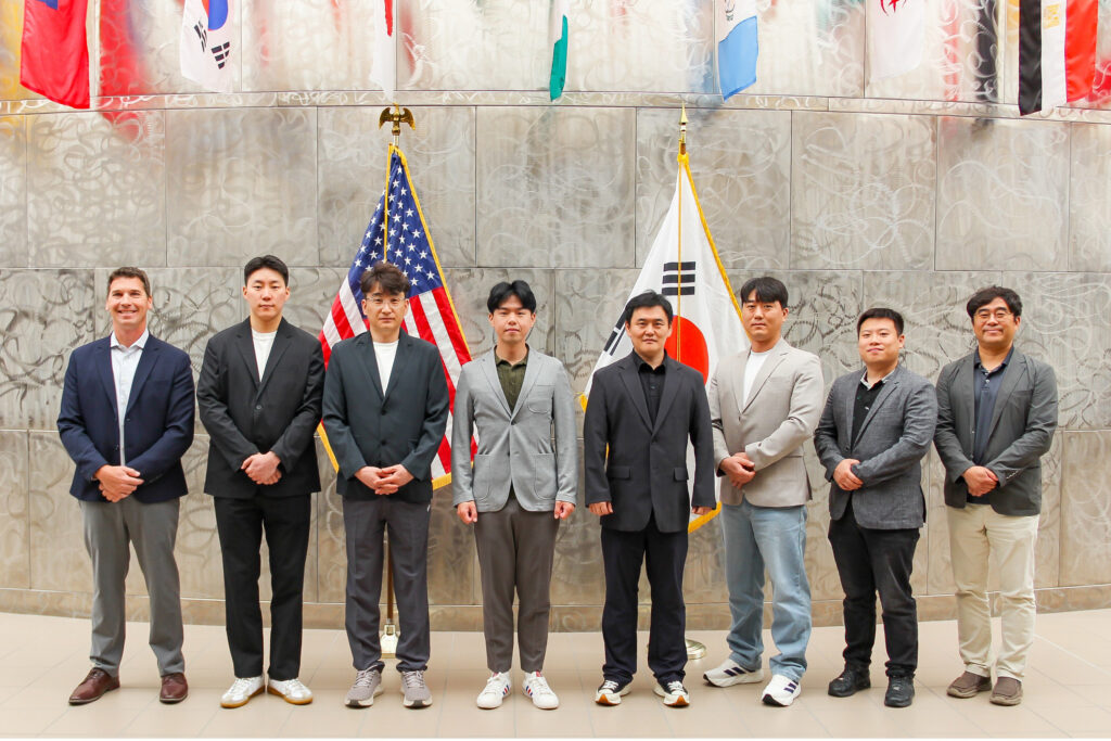 The IGP-USW Advanced Milling for South Korea team gathers for a photo at IGP in Manhattan, Kansas. Left to right are Shawn Thiele, Jeong-woo Choo, Yu-jang Jo, Hwan-kyu Kim, Won-seok Bae, Dong-wook Lee, Min-seok Seong and David Oh.