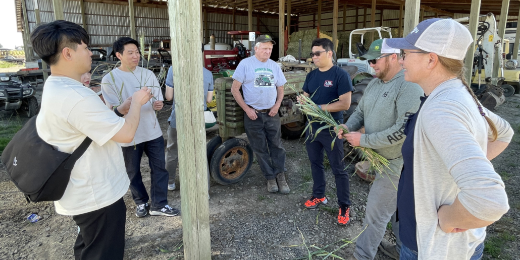 U.S. Wheat Associates (USW) Bakery Technologist David Oh with the Korean Bakery Product Development Team on the Thomas Dierickx farm in Oregon.