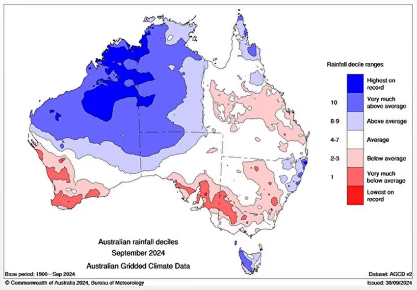 Map of Australia indicating rainfall measurements across the country.