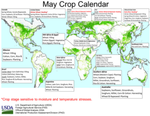 USDA map of the world shows large agricultural regions in green and comments about crop conditions in each region.