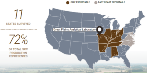 Image shows a U.S. map suggesting where soft red winter wheat is grown and where samples were collected for the 2024 survey.